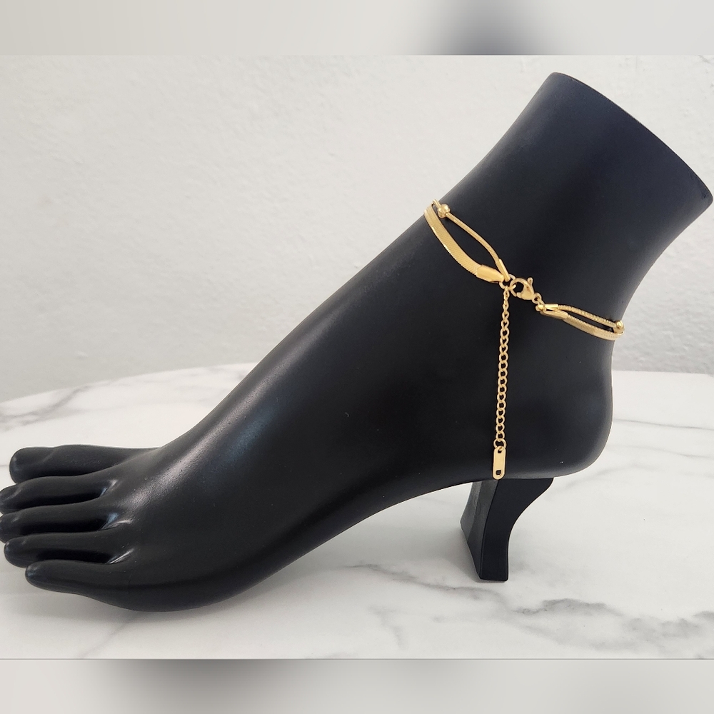 Gold Plated Double Layer Anklet Herringbone Blade Snake Chain Bead Anklet Y2K - Picture 8 of 13